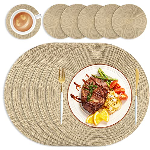 wiipara Round Woven Placemats Set of 6 Heat Resistant Round Braided Table Mats, 34 cm Washable Placemats and Coaster Sets for Dining/Kitchen Table, Party, Wedding, Gold