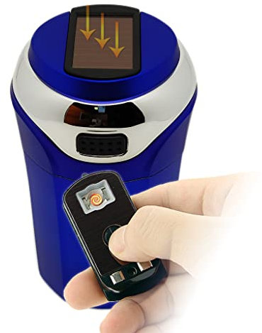 Car Ashtray with Solar Powered Lighter and LED Light, No Charging, Detachable and Portable (Blue)