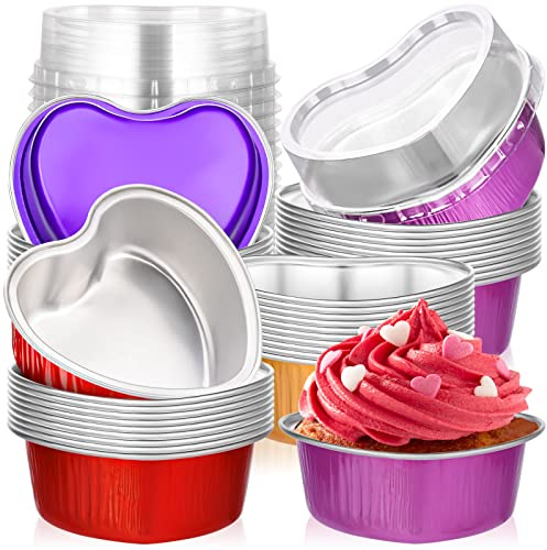 FFNIU Heart Shaped Aluminum Pans, 40 Packs Aluminum Heart Cake Pans with Lids for Baking, 3.4 Ounces/ 100 ML Cupcake Cup Pan Baking for Valentine's Day Wedding Parties