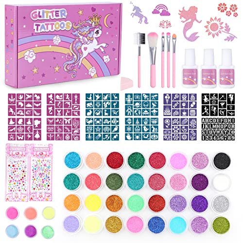 Highttoy Einhorn Leuchtender Temporäre Glitzer Tattoo Set Kinder | 32 Farben Glitzer,6 Leuchtpulver,150 Schablonen,5 Pinsel,3 Kleber,2 Glitzeraufkleber,1 Schwammtuch,Geburtstag Party Geschenk