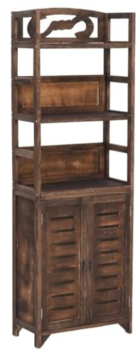 Makastle Vitrinenschrank Bücherschrank klassisches Design Standvitrine mit vielen Fächern, Küchenschrank Geschirrschrank Esszimmerschrank Massivholz Paulownia, Dunkelbraun 46x24x140 cm