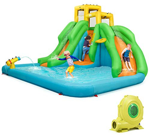 COSTWAY Hüpfburg mit Gebläse, Wasserpark mit Zwei Rutschen, Kletterwand, Basketballkorb, Planschbecken und Wasserkanone, inkl. Tragetasche, Reparaturset, Heringe, 400 x 361 x 255 cm