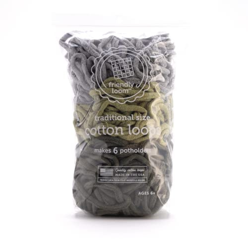 Lotta Loops by Friendly Loom - Hiking Pack (Traditional Size) Silver, Leaf, Willow Cotton Loops Makes 6 Potholders Approx 6 x 6by Harrisville Designs Made in The USA