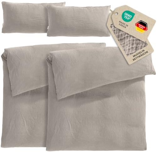 Pure Label Musselin Bettwäsche 4tlg 2x155x220+2x40x80 - Taupe | Traumhaft weiche, kuschelige Bettwäsche-Sets aus Musselin - 40° Waschbar