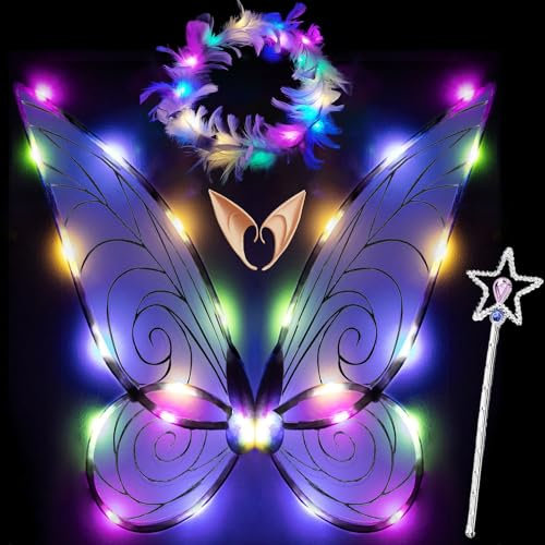 Feenflügel Leuchtend Erwachsene,LED Haarreif and Sterne Feenstäbe,Feenflügel Erwachsene,Elfenflügel Damen,Flügel Kostüm für Fasching oder Feen-Mottopartys