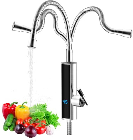 3000 W Durchlauferhitzer Küchenarmatur, Elektrischer Heizhahn mit LCD-Temperaturanzeige, 360º drehbarer Schlauch Küchenarmatur, 304 Edelstahl Wasserhahn für Küche, Bad, Wohnwagen, Camping(Silber)