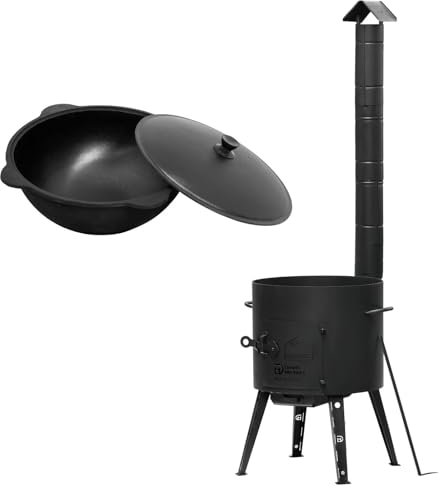 Uchag Ø44 - Forno da campeggio Uchag 2 mm, in acciaio con canna fumaria, 16 l, Kazan, rotondo, Kazan, camino, cucina esterna, stufa, cannone per gulasch