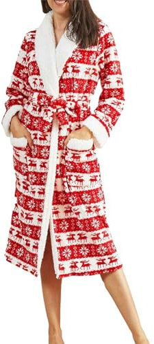 Beokeuioe Christmas Pyjamas Women's Long Fleece Dressing Gown Women's Flannel Bathrobe Women's Fluffy Cuddly Bathrobes for Women Sauna Gown Winter Spa Robe, A red, M