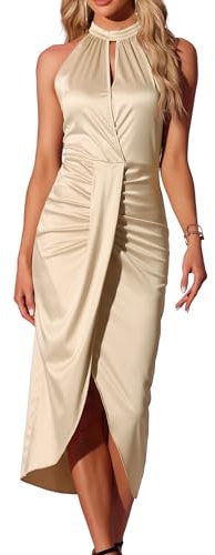 Allegra K Robe Femme de Cocktail en Satin Robe Moulante à Col Licou sans Manche Ourlet Tulipe Robe Portefeuille Froncé de Soirée Champagne L