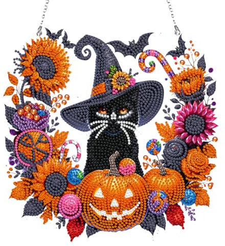 Starnearby DIY Diamond Painting Halloween Deko Türkranz, 5D Diamant Painting Anhänger Girlande, Einseitig Diamant Malerei Kranz Set mit Kette für Tür Fenster Wand Halloween Deko (schwarze Katze)