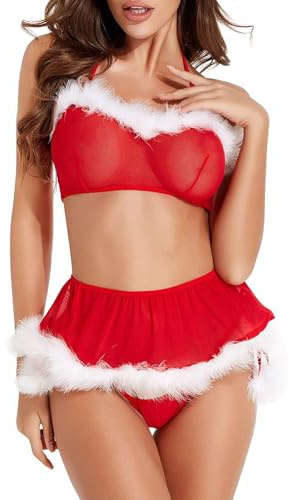 PARUPRUP Mujer Sexy Navidad Conjunto de lencería Roja Santa Babydoll Encaje Ropa Interior Transparente Camisón Malla Body V-Cuello Mini Vestido Terciopelo Negligee Fiesta Cosplay Christmas Disfraz