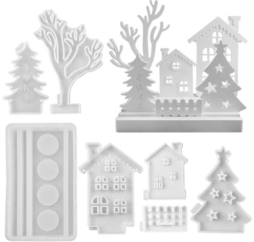 Silikonformen Gießformen Häuser,7PCS Silikonform Haus und Baum mit Sockel Silikonform Kerzenhalter Silikonform Weihnachten Gießformen Silikon Gips Zum Gießen Giessformen Silikon Gießform Kerzenhalter