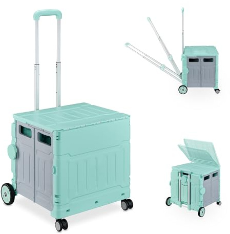 Relaxdays Einkaufstrolley, klappbar, Einkaufskorb mit Rollen, türkis/grau | Deckel & neigbarem Teleskopgriff, bis 50 kg