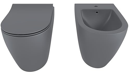 Coppia Sanitari Filomuro Vaso WC E Bidet In Ceramica Filo Muro Filo Parete Design Moderno Con Copriwater Chiusura Soft Close Chiusura Rallentata (Grigio Opaco)