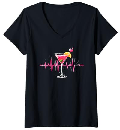 Womens Cocktail Glass Heartbeat Martini Drinking Art V-Neck T-Shirt