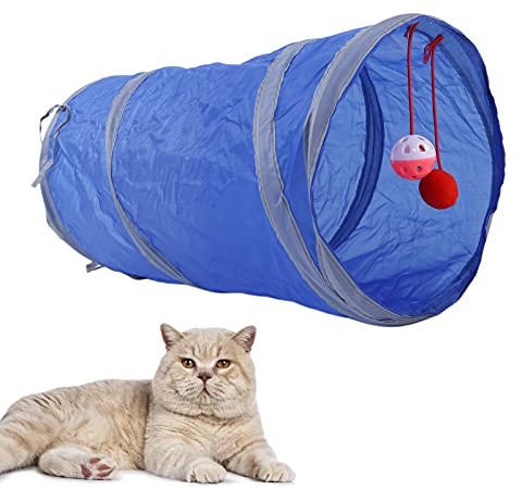 Faltbarer Katzentunnel aus Polyester, zusammenklappbar, extra lang, zum Spielen im Innen- und Außenbereich, Röhrenspielzeug, interaktiv mit hängendem Ball für Kätzchen, Kaninchen, (Königsblau)