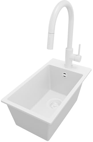 PRIMAGRAN Fregadero Granito al Mueble 30cm + Grifo, 28x50cm | Set: Grifo BW9010 + Kit de desagüe (sifón, válvula, rebosadero) + Riga 1 Seno para Cocina, Todo Blanco