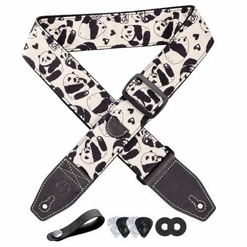 YIKOKO Gitarrengurt 5,1 cm, Baumwolle, bedruckt, Panda-Gitarrengurte mit Vollnarbenlederende, für Bass, elektrische und akustische Gitarren, kostenloser Gurtknopf, Gurtschlösser und Gitarrenplektren