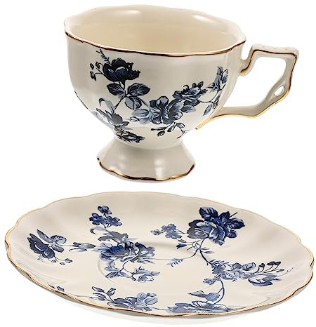 Gatuida 1Satz Keramiktassen Im Europäischen Milchbecher Kaffeetassen Mit Unterteller Wasserbecher Blaues Blumendesign Für Tee