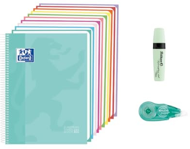 Oxford, Cuaderno A4, 10 Bandas de Color, 150 Hojas Microperforadas 5x5, Tapa Extradura en Ice Mint, Incluye Subrayador Ice Mint y Cinta Correctora Pelikan