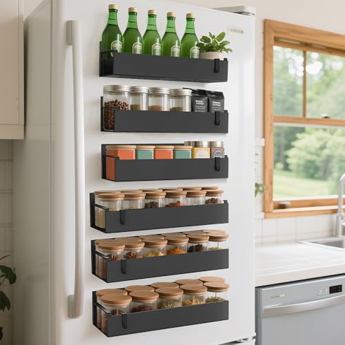 OUUTMEE 6 Packs Magnetic Spice Racks for Refrigerator, Magnet Fridge Organizer with 6 Hooks, Magnet Spice Shelf for Cabinet Refrigerator, Hanging Spice Racks for Spice Jars and Seasonings (Black)