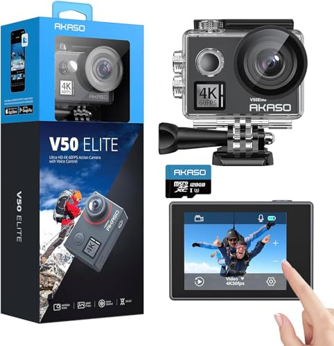 AKASO V50 Elite Caméra Sport 4K 60FPS avec Carte 128 Go, 20MP Action Camera | Vocale, Ecran Tactile, EIS Stabilisateur, 8X Zoom, Action Cam Etanche 40M, Angle Vision Réglable, 8X Zoom, Kit d'Accessoires
