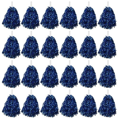 JANZU 24 Piezas Pompones de Porristas de Papel MetáLico Pompones de Animadora con Manejar de PláStico para Adultos NiñOs Porristas Fiesta Azul