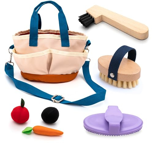 Hoofly Hobby Horse Accessori – Set per la cura dei bambini con borsa, spazzola, straccio e raschietto per zoccoli [certificato TÜV] – Manopola per cavalli e cavallo in legno – regalo