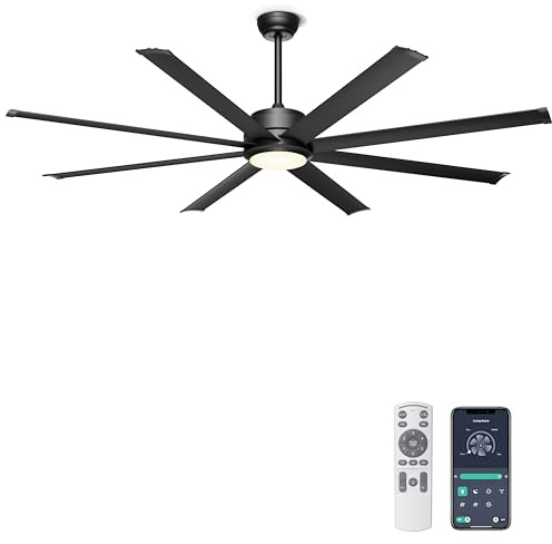 Ohniyou 182cm Ventilador de Techo con Luz Silencioso, Ventiladores Industrial Grande con Control Remoto y APP, Luz Regulable, Motor CC Reversible, Negro Moderno Ventilador Techo para Interior Exterior