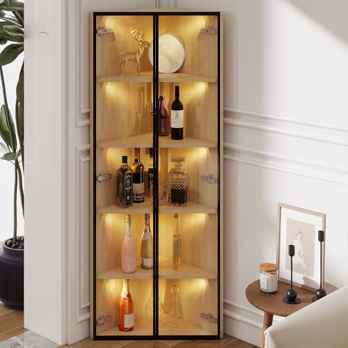 FAYICIC LED-Glasvitrine 62x35x160cm – Außenseite aus Eiche, integrierte Lichtleiste, staubdichter Schrank aus gehärtetem Glas, Eckvitrine mit Tür – Sammlungsvitrine, Bücherregal