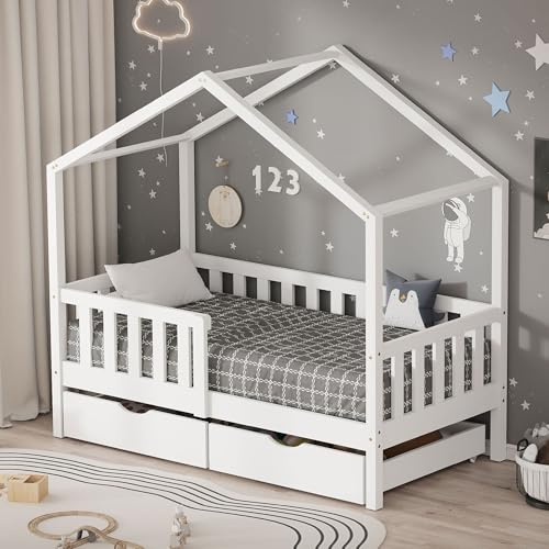 ML-Design Kinderbett Hausbett 70x140 cm Weiß mit 2 Schubladen, Holzbett mit Rausfallschutz, Lattenrost und Dach, Spielbett aus Kiefernholz für Kinder, Montessori Bodenbett Bettgestell Bettenhaus Bett