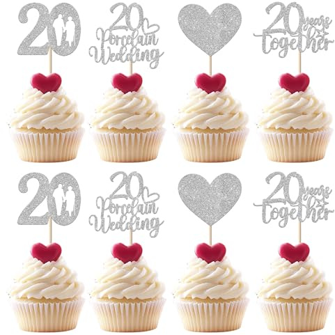 Xsstarmi 24 Pack 20 Porcelain Wedding Cupcake Toppers Sweet Heart Glitter 20 Years Together Cupcake Picks for Happy 20th Wedding Anniversary Party Cake Decorations Supplies