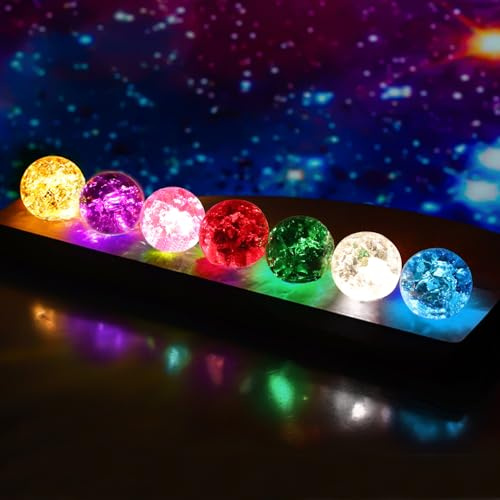 Ruaizel 7 Bunte Glaskristallkugeln mit LED Holzsockel, 40mm Meditation Kristallkugeln Heilkugeln, Dekorative Chakra Kugeln für Zuhause Wohnzimmer Nachtlicht Ornamente Geschenke