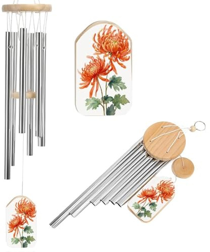 Chrysanthemen-Windspiel mit orangefarbenen Blumen, Gedenkspiel, tiefes Klang-Windspiel mit 6 Aluminiumrohren, Outdoor-Hinterhof, Gartendekoration