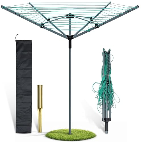 ZMR SHOP CRAFT 4 Arm Heavy Duty 60M Rotary Washing Line – Outdoor Clothes Airer Rotary with Ground Spike & Rotary Washing Line Cover – Weather Resistant Garden retractable Washing Line