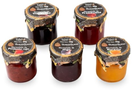 QUESOQUESO® Pack 5 Mermeladas Artesanas Gourmet para Quesos | Sabores Variados (Higo, Naranja, Frambuesa, Vino Tinto y Pimiento Rojo) (200g) | Maridaje perfecto para Queso Curado y Semicurado