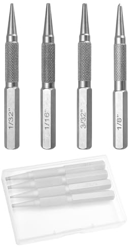 SPEEDWOX Jeu de 4 poinçons à clous et pointeaux en acier Cr-V avec poignée moletée antidérapante. Comprend 3 enfonce-clous (1/32«, 1/16 », 3/32«) et un pointeau de 1/8 »