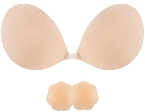 SHINYMOD Strapless Bra, Invisible Backless Bra Breast Lift Up Push Up Padded Sticky Bras Bigger Bust Self Adhensive Nipple Cover Reusable Bra for Wedding Dress Swimsuit Women, Beige, E