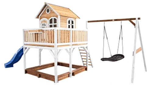 AXI Spielhaus Liam mit Sandkasten, Nestschaukel & Blauer Rutsche | Stelzenhaus XXL in Braun & Weiß aus FSC Holz für Kinder | Spielturm mit Wellenrutsche & Schaukel für den Garten