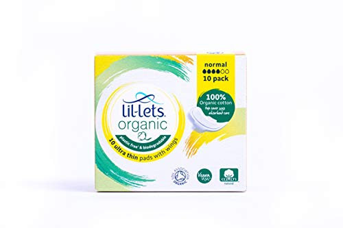 Lil-Lets Organic Cotton Normal Pads, 10 Count, Ultra Thin, with Wings, for Light to Medium Flow, GOTS Certified, Plastic Free, Biodegradable, 100% Organic Cotton Top Cover and Absorbent Core