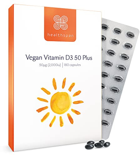 Healthspan Vegan Vitamin D3 50 Plus | 180 Capsules | 2000 IU of Vitamin D | Healthy Muscle, Bones & Teeth | Immune Support
