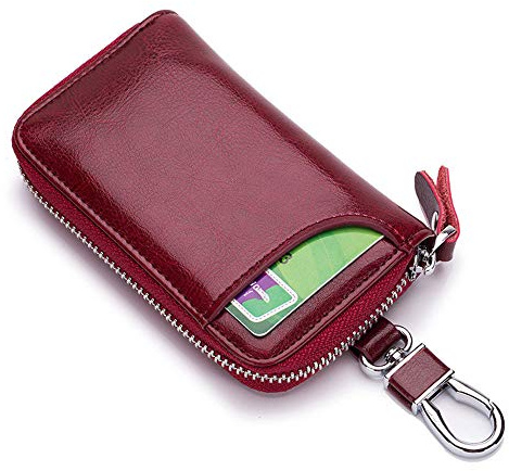 Leather Car Keychain Key Holder - Multi-Functional Zipper Key Case Wallet, 6 Colors to Choose From (Red)