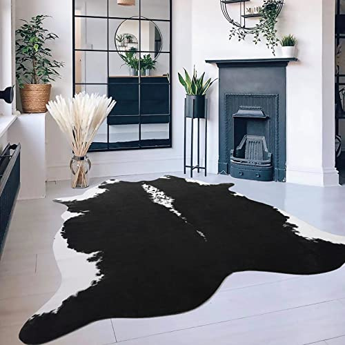 HOMORE Tappeto in pelle bovina, con stampa di mucca, per soggiorno, finta pelle di mucca, tappeto con stampa animalier, per camera da letto e tavolo da ufficio, 12 x 15 m, nero