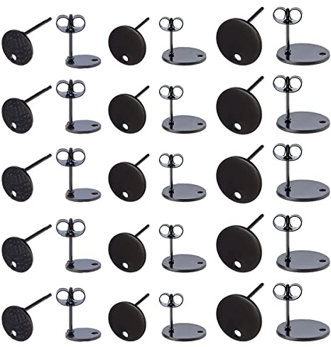 UNICRAFTALE 24 Stück Elektrophorese Schwarz Flach Rund Mit Strukturierten Ohrsteckern 304 Edelstahl-Ohrstecker Mit Ohrmuttern & Schleife 1.5/1.6 mm Kleine Ohrringkomponenten Für DIY-Schmuck