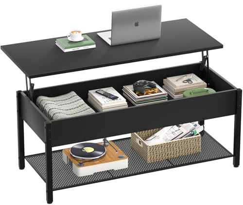 Homieasy 41.7 Lift Top Coffee Table for Living Room, Wood Center Table with Hidden Compartment and Storage Shelf, Modern Rising Tabletop Desk for Small Space, Black