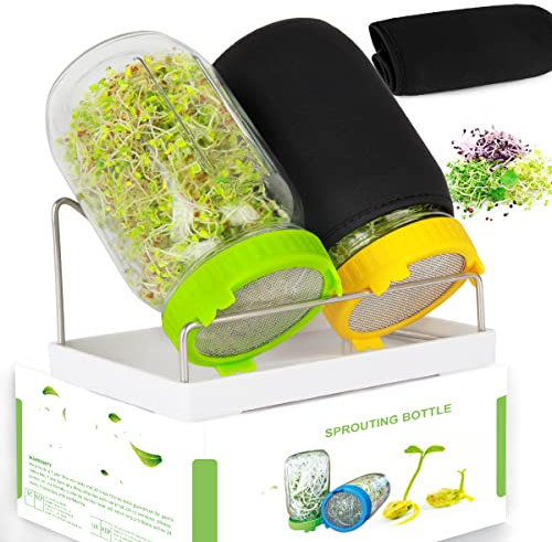 Kitmiido Seed Sprouting Jar Kit, 2 Mason Jars with Screen Sprout Lids, 2 Blackout Sleeves, Drain Tray, Stainless Steel Stand, Sprouts Growing Kit, Yellow&Green