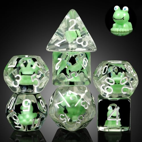 DNDND Frosch-DND-Würfel-Set, 7-teilig, Polyedrische Kunstharz-Würfel mit Samtbeutel für D&D, Rollenspiele und Tischspiele