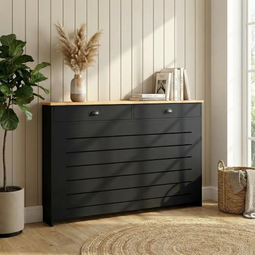 DuraTherm® Radiator Cover Black Painted MDF Cabinet Horizontal Slat Storage Drawers & Shelf, Radiator Furniture Cabinets for Office Hallway Living Room Bedroom, Medium (H: 96cm / W: 111.5cm / D: 19cm)