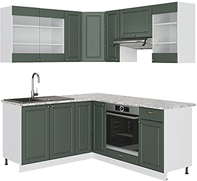 Vicco Eckküche Fame-Line, Grün-Gold Landhaus/Weiß, 190 x 46 cm ohne Arbeitsplatte, zur individuellen Erweiterung und flexiblen Anordnung geeignet