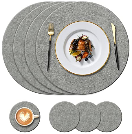Rundes Kunstleder-Platzset(34cm) & Untersetzer(10cm), Grau, 4er-Set | Hitzebeständig bis 100 °C, Rutschfest & Wasserdicht, Pflegeleicht, für Küche, Esszimmer, Restaurant, Hotel & Garten